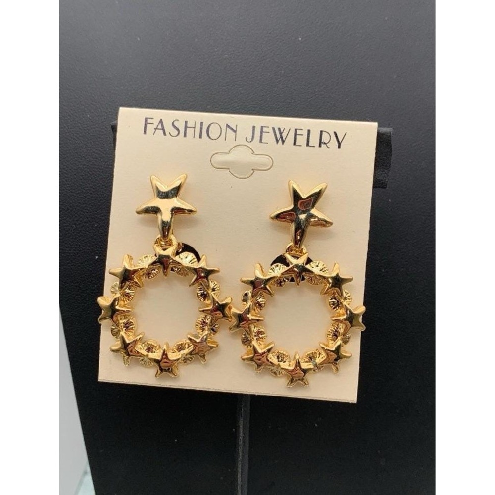 Vintage NOS Gold Tone Celestial Star Hoop Dangle Clip On Earrings